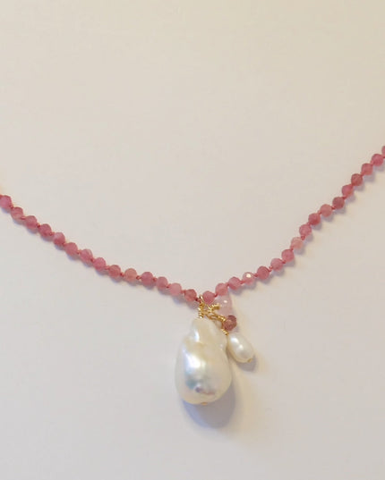 Pink Tourmaline & Baroque Pearl Charm Necklace – Hand-Knotted on Silk with 14K Gold-Filled Clasp (18")