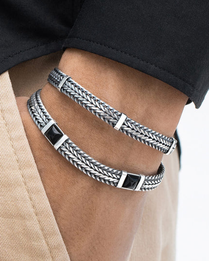 Milan at Night Italian 925 Sterling Silver & Onyx Bracelet – 7.5mm, 17–20g, Sizes 7–10, Lobster Lock