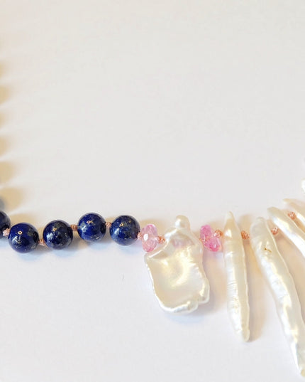14K Gold Biwa Pearl Necklace with Pink Topaz & Lapis Lazuli – Hand-Knotted 18" Statement Jewelry