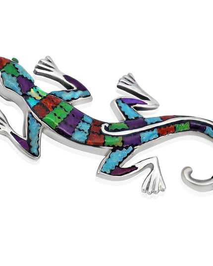 Gecko Lizard Pendant – 925 Sterling Silver Handmade Jewelry with Blue Opal & Colorful Gemstones