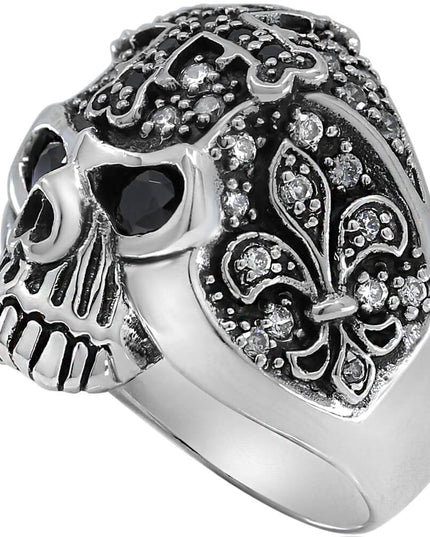 Cross Skull Ring – 925 Sterling Silver with Black & White CZ Stones
