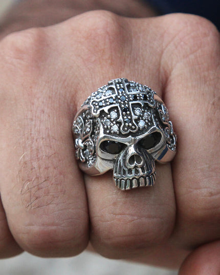 Cross Skull Ring – 925 Sterling Silver with Black & White CZ Stones
