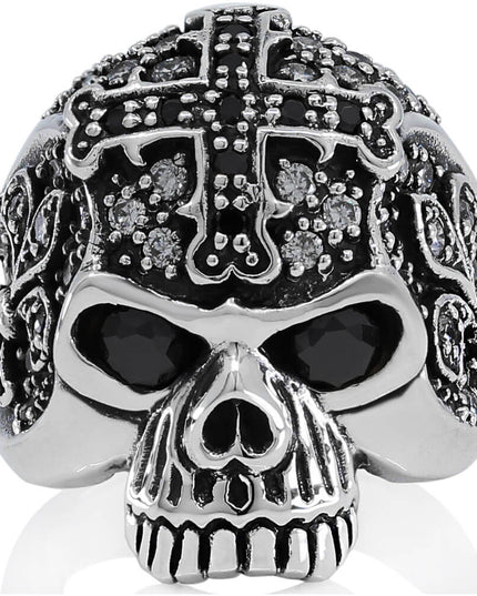 Cross Skull Ring – 925 Sterling Silver with Black & White CZ Stones