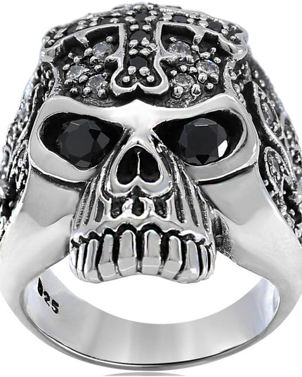 Cross Skull Ring – 925 Sterling Silver with Black & White CZ Stones