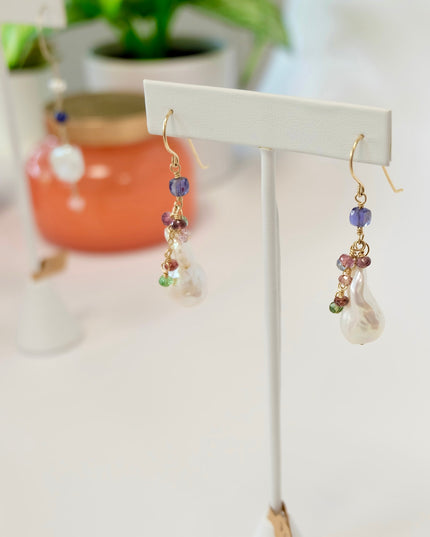 Baroque Pearl Drop Earrings with Tanzanite, Tourmaline & Iolite – Handmade 14K Gold Filled, One of a Kind