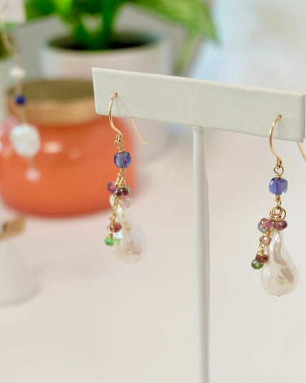 Baroque Pearl Drop Earrings with Tanzanite, Tourmaline & Iolite – Handmade 14K Gold Filled, One of a Kind