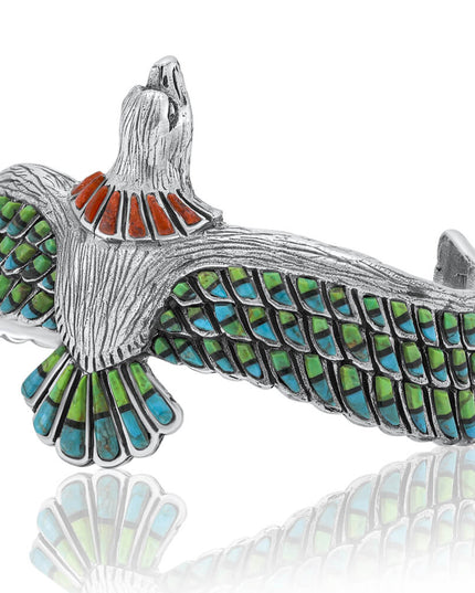Eagle Myth Cuff Bracelet – Handmade 925 Sterling Silver with Mohave Turquoise, Blue Opal & Coral Gemstones