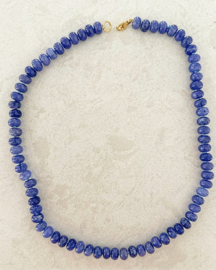 Blue Beaded Gemstone Necklace – Dyed Purple Jade, 14K Gold Filled Clasp, Hand-Knotted 17.75" Jewelry