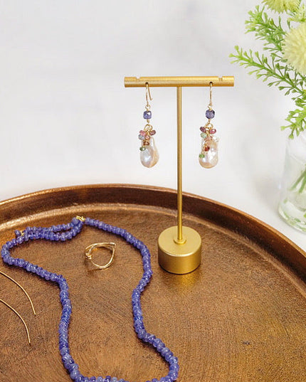 Baroque Pearl Drop Earrings with Tanzanite, Tourmaline & Iolite – Handmade 14K Gold Filled, One of a Kind