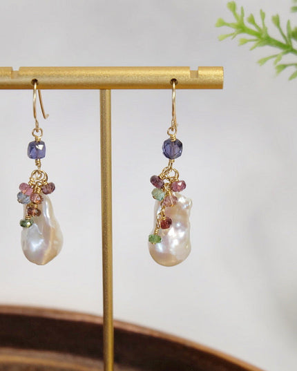 Baroque Pearl Drop Earrings with Tanzanite, Tourmaline & Iolite – Handmade 14K Gold Filled, One of a Kind