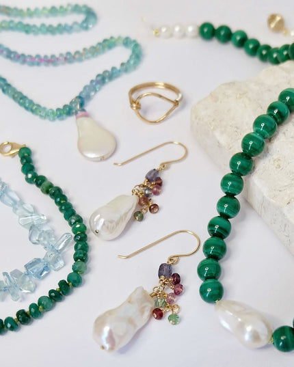 Baroque Pearl Drop Earrings with Tanzanite, Tourmaline & Iolite – Handmade 14K Gold Filled, One of a Kind