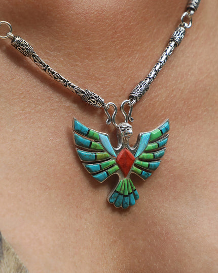 Eagle Myth 925 Sterling Silver Handmade Pendant – Mohave Turquoise, Blue Opal & Coral Gemstones, 50x40mm, 16g