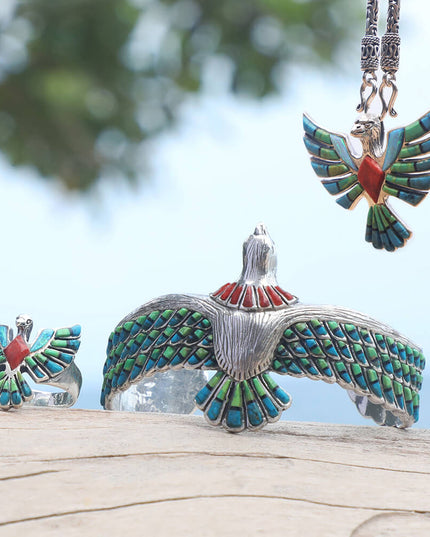 Eagle Myth Cuff Bracelet – Handmade 925 Sterling Silver with Mohave Turquoise, Blue Opal & Coral Gemstones