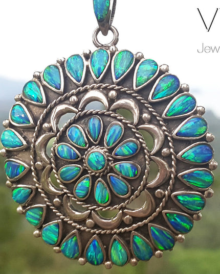 Blue Mandala Pendant – Handmade 925 Sterling Silver with Genuine Blue Opal
