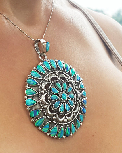 Blue Mandala Pendant – Handmade 925 Sterling Silver with Genuine Blue Opal
