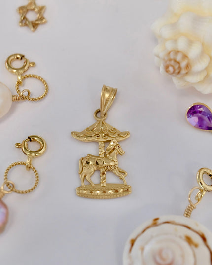 14K Gold Carousel Charm – Vintage Merry-Go-Round Horse Pendant by Michael Anthony, Solid Yellow Gold