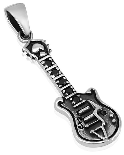 Electric Guitar Pendant – 925 Sterling Silver with Black Cubic Zirconia