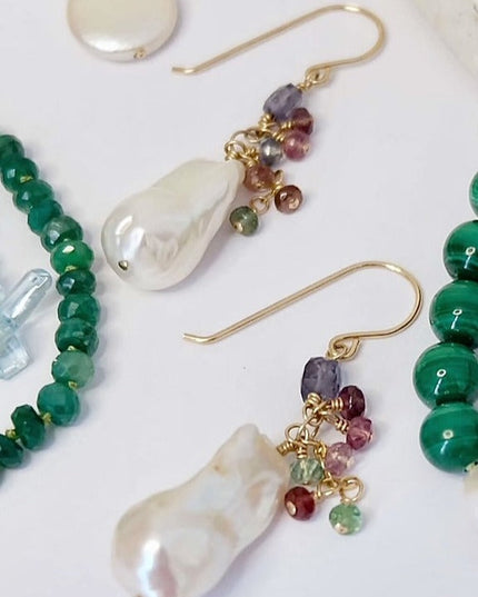 Baroque Pearl Drop Earrings with Tanzanite, Tourmaline & Iolite – Handmade 14K Gold Filled, One of a Kind