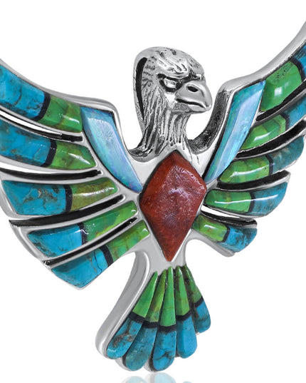 Eagle Myth 925 Sterling Silver Handmade Pendant – Mohave Turquoise, Blue Opal & Coral Gemstones, 50x40mm, 16g