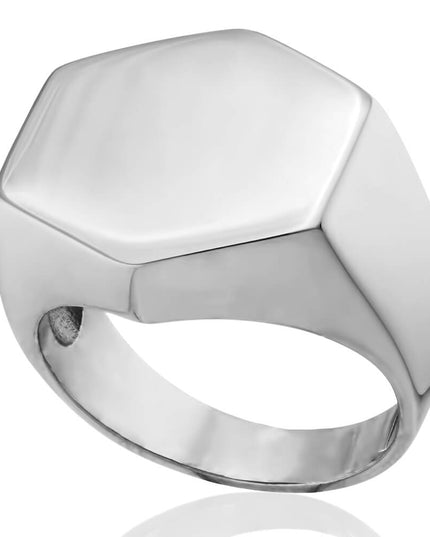 Hexagon Signet 925 Sterling Silver Ring – 20x18mm, Sizes 7–15, Made in Thailand