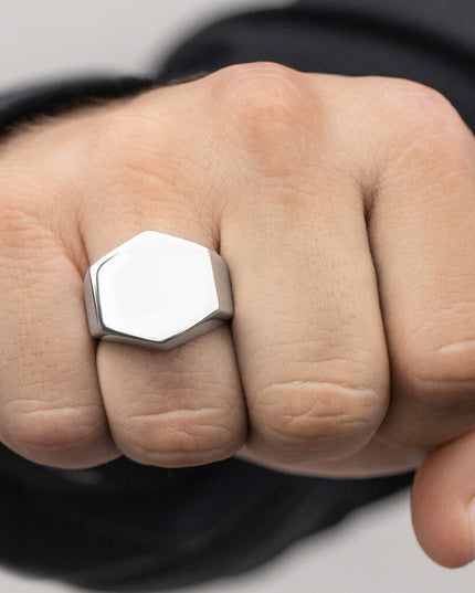 Hexagon Signet 925 Sterling Silver Ring – 20x18mm, Sizes 7–15, Made in Thailand
