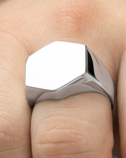 Hexagon Signet 925 Sterling Silver Ring – 20x18mm, Sizes 7–15, Made in Thailand