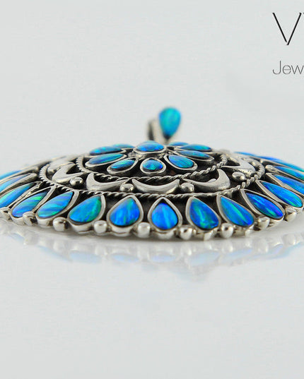 Blue Mandala Pendant – Handmade 925 Sterling Silver with Genuine Blue Opal