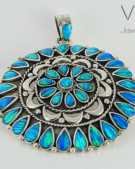 Blue Mandala Pendant – Handmade 925 Sterling Silver with Genuine Blue Opal