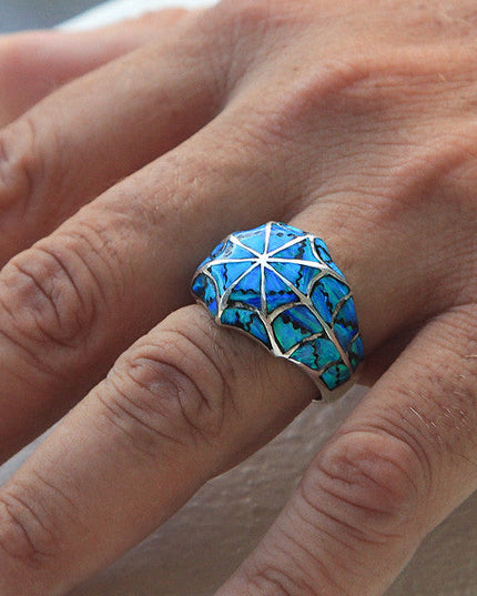 Blue Spider Net Ring – Handmade 925 Sterling Silver with Genuine Blue Opal