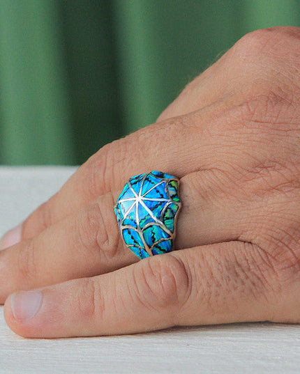 Blue Spider Net Ring – Handmade 925 Sterling Silver with Genuine Blue Opal