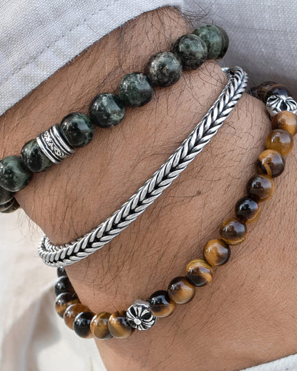 Kambaba Jasper Bracelet – 925 Sterling Silver Gemstone Beads for Men & Women, 8MM, Sizes S–XL