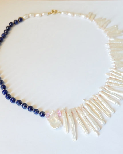 14K Gold Biwa Pearl Necklace with Pink Topaz & Lapis Lazuli – Hand-Knotted 18" Statement Jewelry