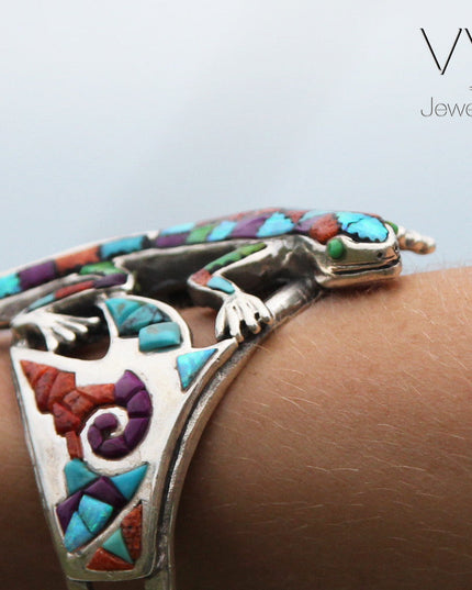 Lizard Cuff Bracelet – Sterling Silver with Opal, Coral & Turquoise Stones
