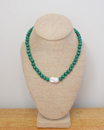 Malachite Pearl Necklace with Baroque Pearl & 14K Gold Clasp – Hand-Knotted on Silk