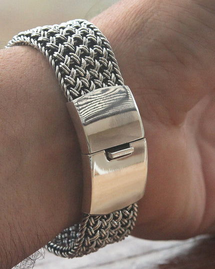 Wide Silver Net Bracelet – Solid 925 Sterling Silver Handmade Cuff