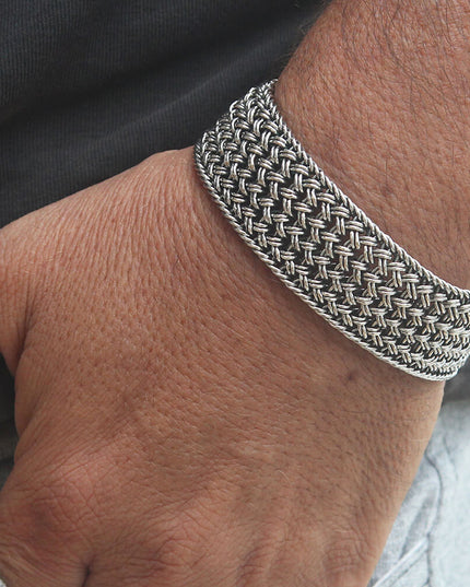 Wide Silver Net Bracelet – Solid 925 Sterling Silver Handmade Cuff