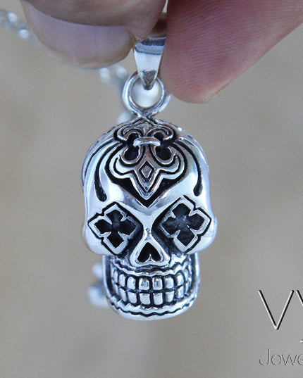 Clover Skull Pendant – Solid 925 Sterling Silver Heavy Gothic Design