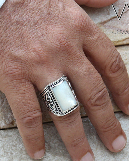 Onyx or Shell 925 Sterling Silver Signet Ring – Black Onyx or White Shell, 20x13mm Stone, Sizes 8–15, Made in Thailand