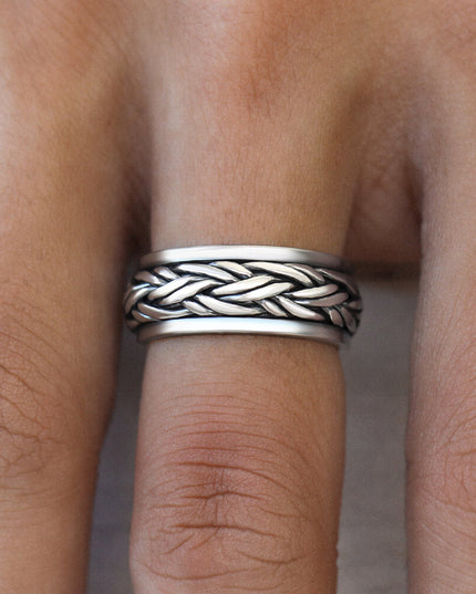 Braided Lines Sterling Silver Spinning Ring – Solid 925 Meditation & Worry Ring (8mm)