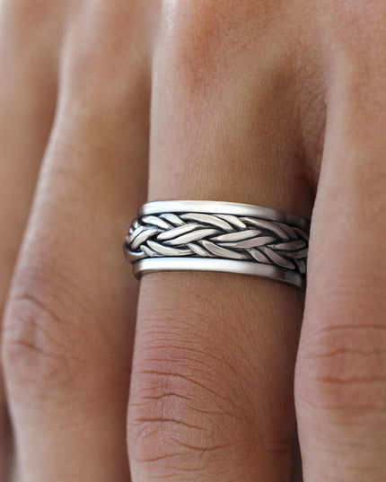 Braided Lines Sterling Silver Spinning Ring – Solid 925 Meditation & Worry Ring (8mm)