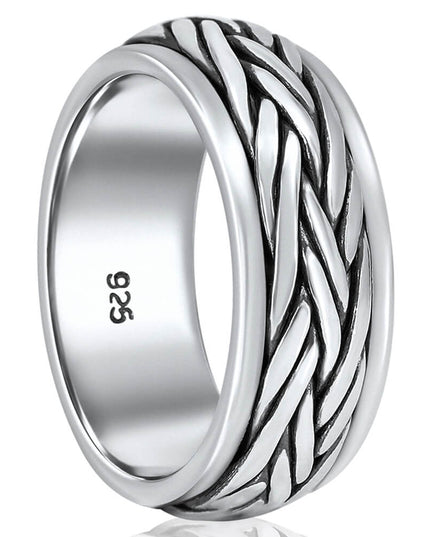Braided Lines Sterling Silver Spinning Ring – Solid 925 Meditation & Worry Ring (8mm)