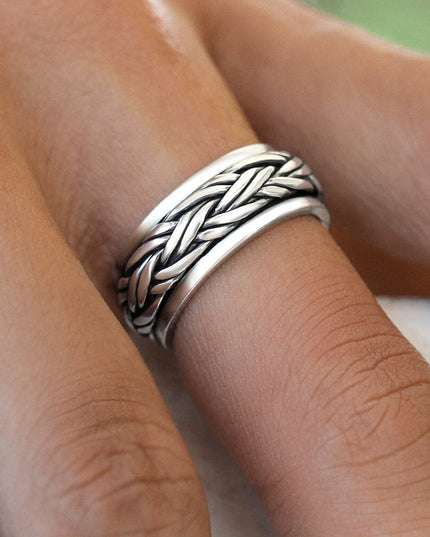 Braided Lines Sterling Silver Spinning Ring – Solid 925 Meditation & Worry Ring (8mm)