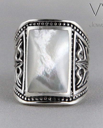 Onyx or Shell 925 Sterling Silver Signet Ring – Black Onyx or White Shell, 20x13mm Stone, Sizes 8–15, Made in Thailand