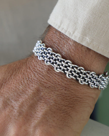 Silver Wire 925 Sterling Silver Men’s Cuff Bracelet – 12mm Wide, 42g, Adjustable Fit, Made in Thailand