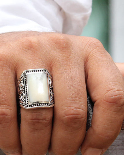 Onyx or Shell 925 Sterling Silver Signet Ring – Black Onyx or White Shell, 20x13mm Stone, Sizes 8–15, Made in Thailand