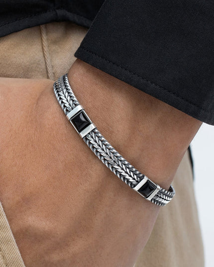 Milan at Night Italian 925 Sterling Silver & Onyx Bracelet – 7.5mm, 17–20g, Sizes 7–10, Lobster Lock