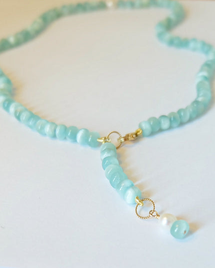 Green Moonstone Pearl Necklace – Hand-Knotted Lariat with 14K Gold-Filled Clasp