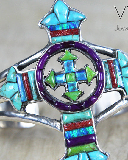 Gemstone Cross Cuff Bracelet – Sterling Silver with Opal, Coral & Turquoise Stones
