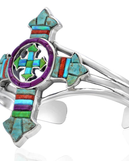 Gemstone Cross Cuff Bracelet – Sterling Silver with Opal, Coral & Turquoise Stones