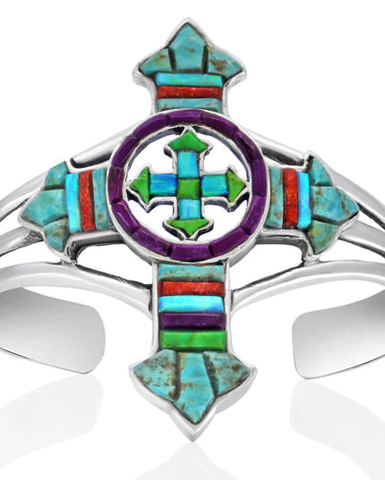 Gemstone Cross Cuff Bracelet – Sterling Silver with Opal, Coral & Turquoise Stones
